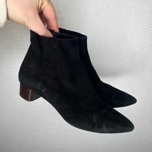 Theory Black Suede Pointed Toe Ankle Boots Wood Block Heel Made in Italy 36